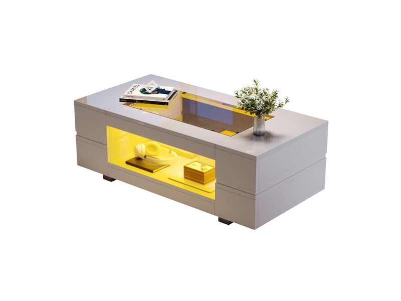  Table basse led avec 2 niveaux de rangement, plateau en verre et surface brillante pour salon, 100 × 50 × 35 cm  - Conforama A