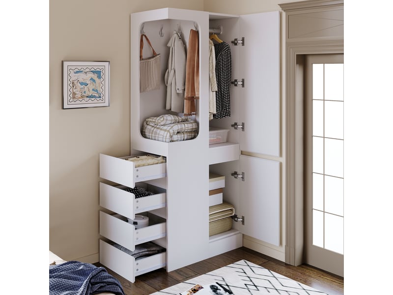  Armoire 70 x 40 x 170 cm blanc, porte unique, tiroirs et compartiments avec zone ouverte  - Conforama D