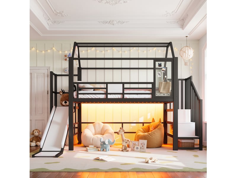 Lit mezzanine 90 × 200 cm enfant maison avec toboggan, escalier à rangements et éclairage led noir, pour chambre - Conforama B