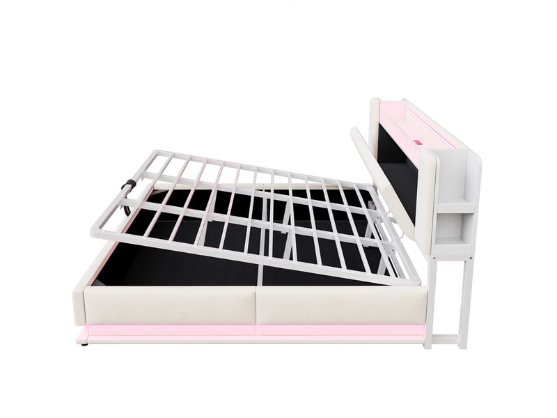  Lit double rembourré 180 × 200 cm avec éclairage led, ports usb, rangement hydraulique, revêtement velours beige et cadre métallique  - Conforama E