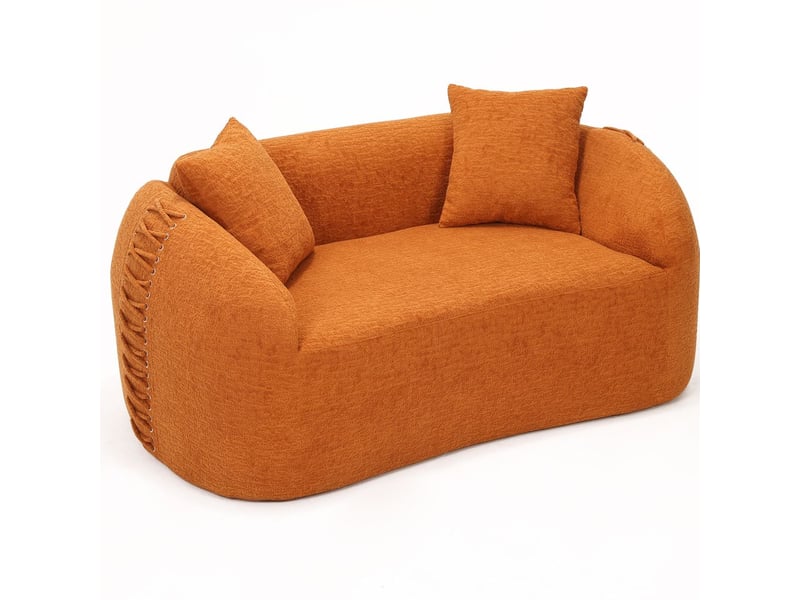 Canapé droit 2 places modulable, comprimé sous vide, forme courbe, décor lacets aux accoudoirs, compact, petits espaces, orange - Conforama A