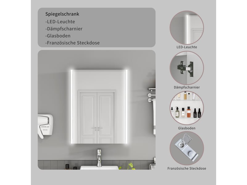  Meuble miroir salle de bain mural 50cm blanc led, prise fr, 1 porte, préassemblé  - Conforama E