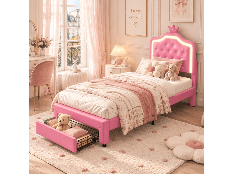  Lit simple 90x200 cm avec lampes led, lit enfant avec tête de lits réglable en hauteur et 1 tiroirs, en cuir avec couronne, pu, rose  - Conforama B