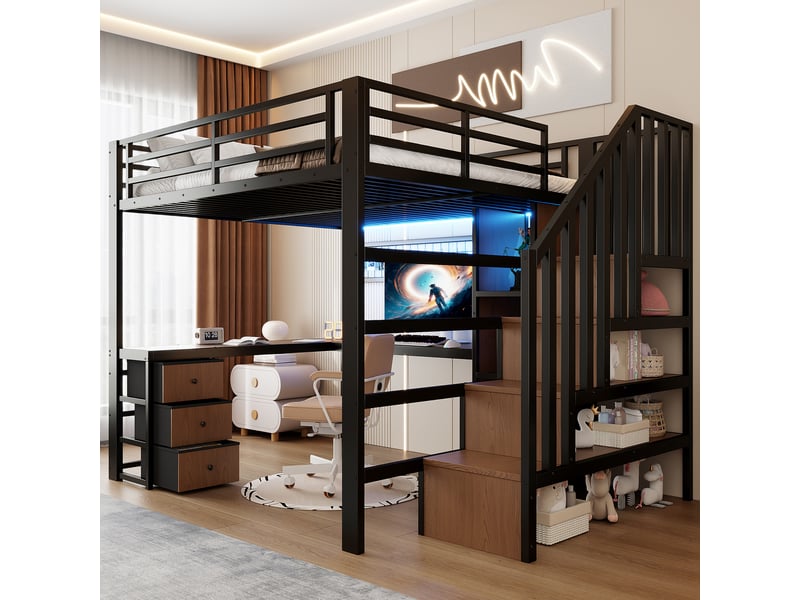  Lit mezzanine métal 140 x 200 cm - avec bureau - échelle à tiroirs et 4 rangements - eclairage led et grille créative - noir evarich - Conforama E