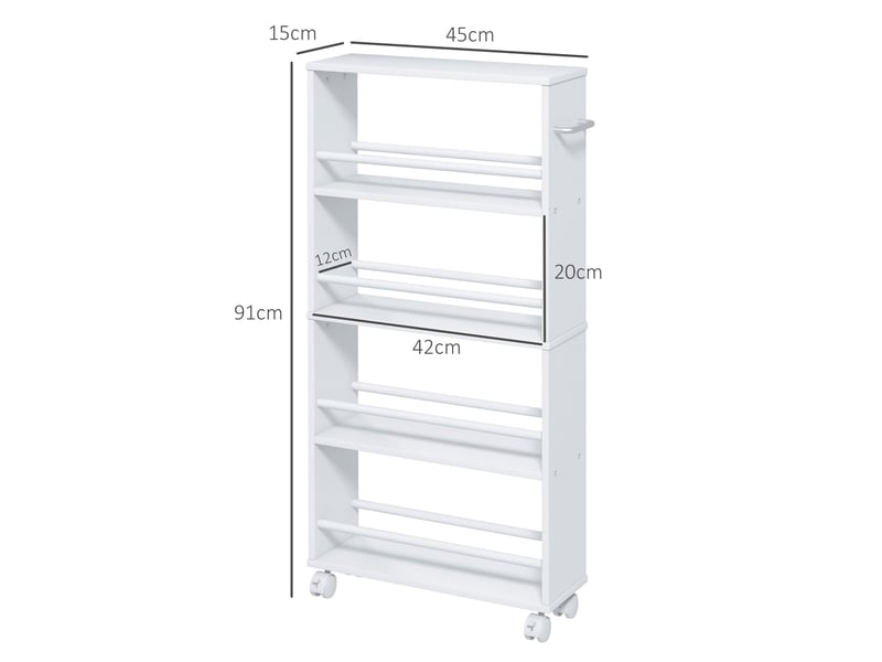  Étagère multifonctionnelle à roulettes, format étroit, 4 compartiments, 45 x 15 x 91 cm, blanche  - Conforama E