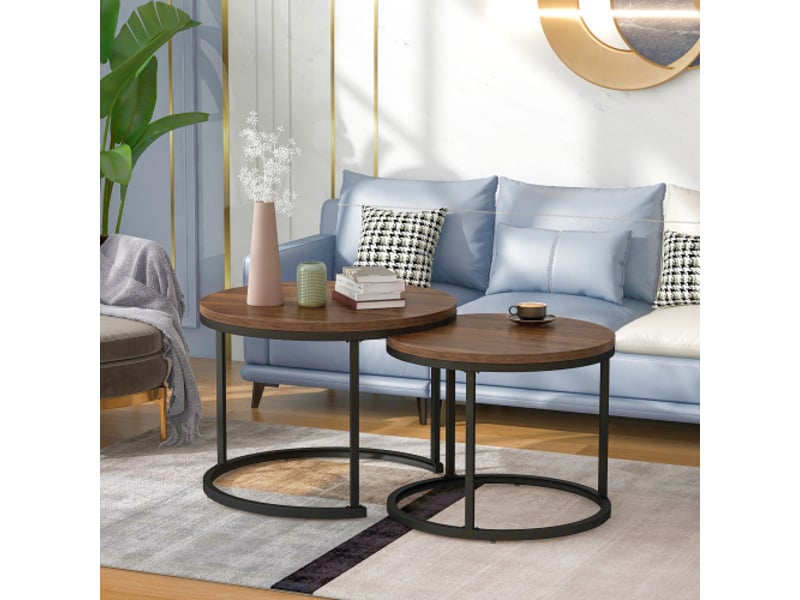  Tables basses gigognes rondes avec 2 plateaux, structure métallique, effet marbre, pour salon, finition chêne  - Conforama C