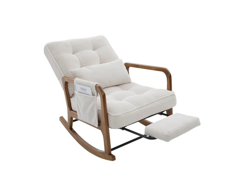  Fauteuil à bascule 70x80x92 cm - avec repose-pieds escamotable, dossier inclinable et coussin lombaire en velours côtelé - beige  - Conforama A