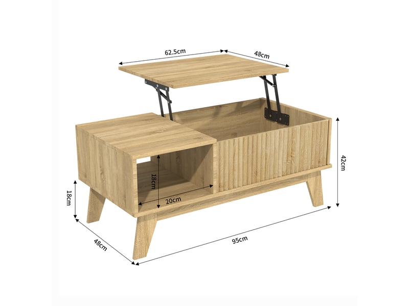  Table basse avec plateau relevable,table de salon moderne,mdf,rangement caché,95 x 48 x 42 cm,couleur bois naturel  - Conforama C