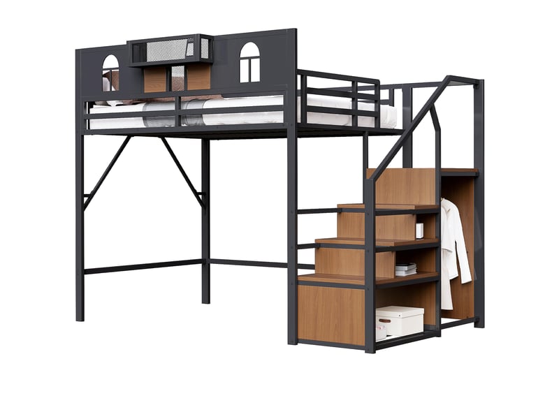  Lit mezzanine enfant 140x200 cm, avec échelle de rangement, fenêtres, garde-corps haut, cadre métal, noir, sans matelas  - Conforama A