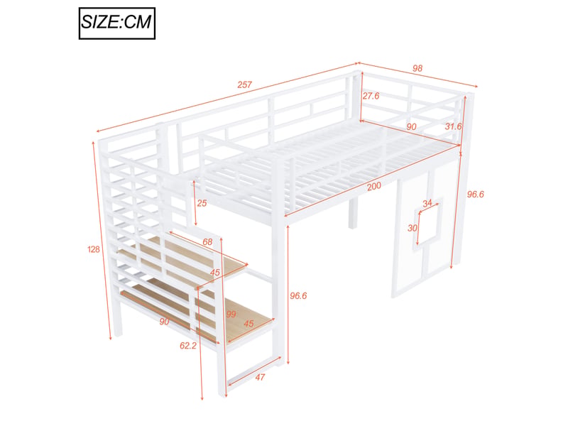 Lit mezzanine simple 90×200 cm avec escalier, rangement et led réglable - okmyhome- blanc, sans matelas - Conforama D