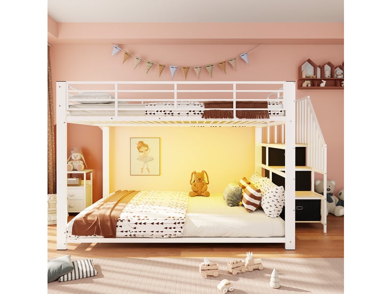  Lit superposé modenvie 140 x 200 cm avec escalier de rangement réversible, led, prises et usb, mdf et métal blanc et noyer  - Conforama D