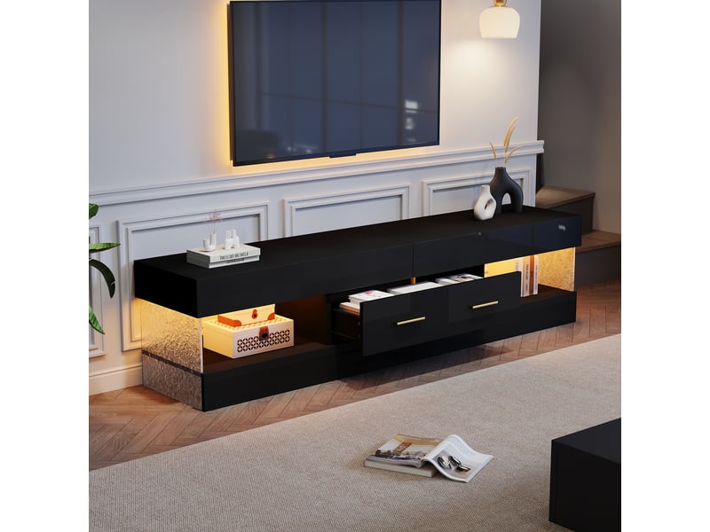  Meuble tv led 152x35x40 cm - meuble bas avec rangement ouvert et tiroirs, plateau en verre acrylique, design moderne - noir  - Conforama E