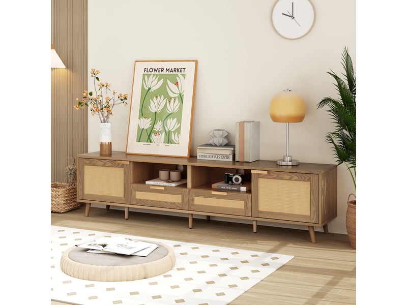  Meuble tv rotin 200 cm avec 2 portes et 2 tiroirs - pieds en bois massif - style rustique moderne  - Conforama D