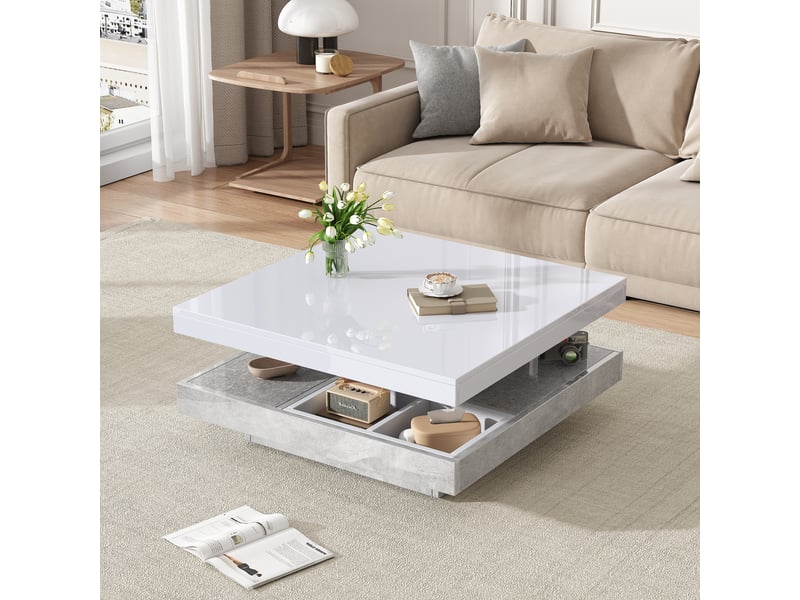  Table basse double plateau rotative 360° blanche brillante effet marbre avec rangement 70x70cm  - Conforama C