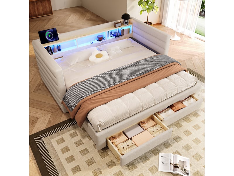  Lit de jour velours avec lit gigogne 90x190, canapé lit beige avec led, ports usb et tiroirs  - Conforama W