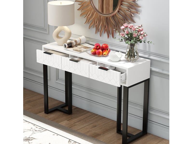 Console avec tiroirs, pieds réglables et cadre doré, motifs géométriques, pour entrée, salon ou bureau, blanc et noir  - Conforama B