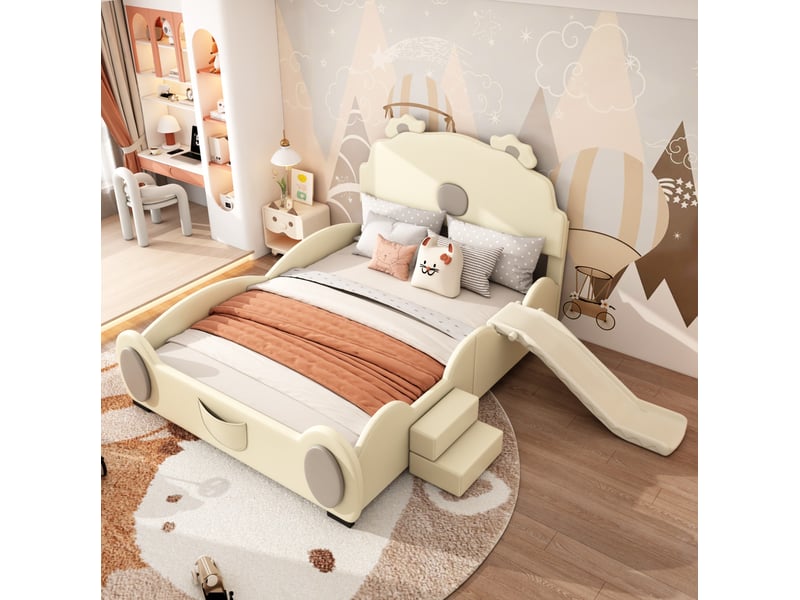  Lit enfant 2 places 140x200 cm avec toboggan et échelle coloris beige  - Conforama D
