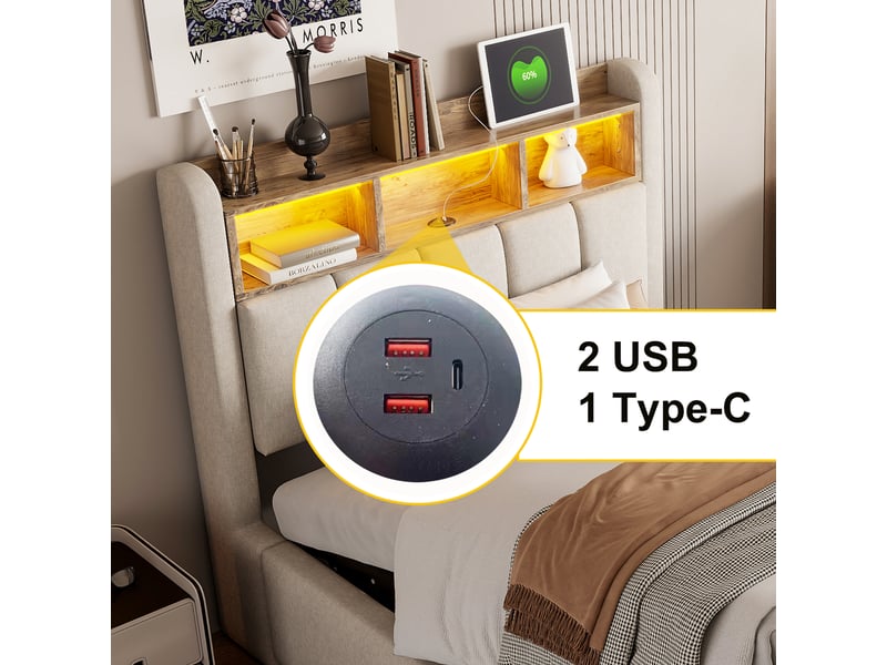  Lit simple 90 x 200 cm beige, tissu lin, éclairage led, ports usb type-c et rangement hydraulique  - Conforama C