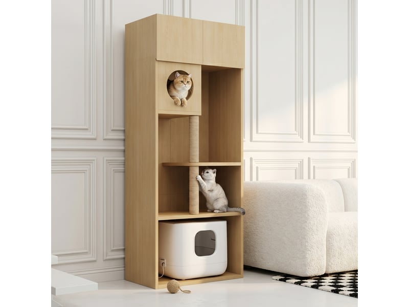  Meuble cache-litière 80 x 45 x 193 cm, rangement multifonction avec poteau à griffer, plateformes et espace repos, aspect bois naturel  - Conforama D