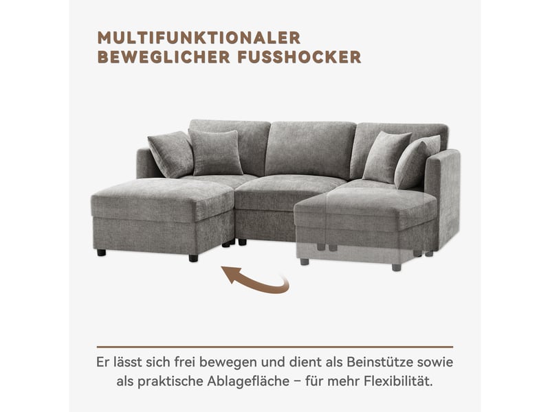 Canapé d'angle en l avec pouf modulable, 3 à 4 places en tissu chenille gris, accoudoirs réglables, idéal pour salon et appartement  - Conforama D
