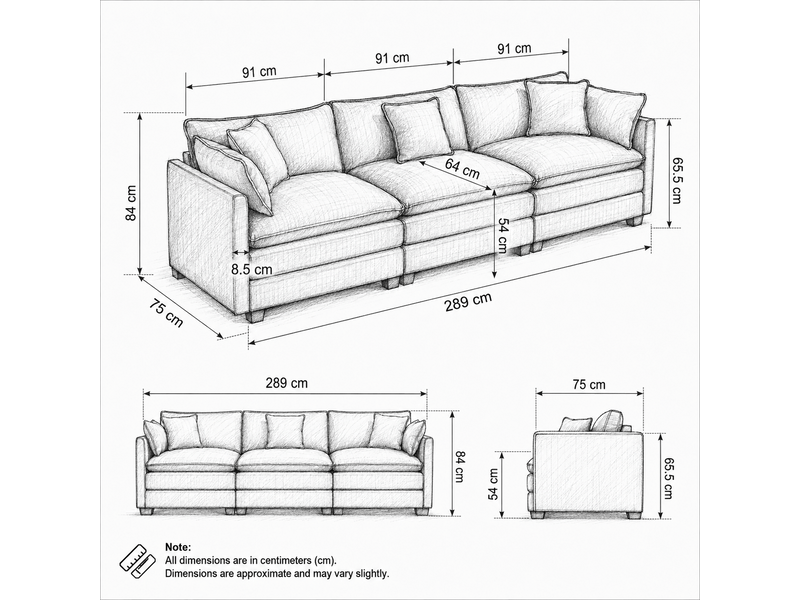 Canapé droit 3 places cloud en tissu chenille bleu avec coussins double couche - Conforama C