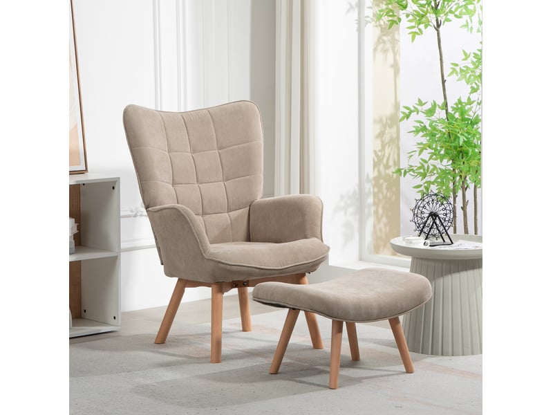  Fauteuil avec pouf assorti, dossier capitonné et patins réglables, pieds en bois de hêtre et polyester kaki  - Conforama B