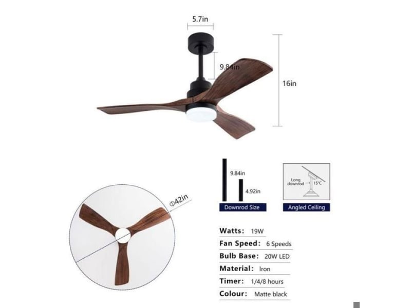  Ventilateur plafond 107 cm avec éclairage - télécommande 6 vitesses, moteur cc réversible - noir et noyer foncé  - Conforama C