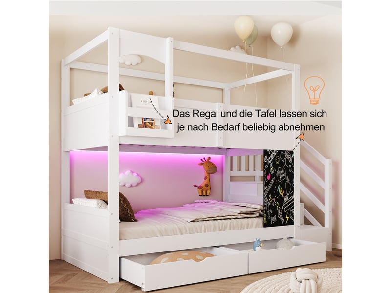 Lit superposé enfant 90x200 cm - lit superposé bois avec rangement, échelle et 2 tiroirs - design maison - blanc - Conforama E