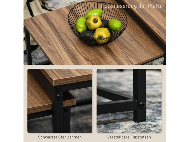  Tables basses gigognes avec 2 tables, pieds réglables et structure en acier, en bois effet naturel pour salon  - Conforama E