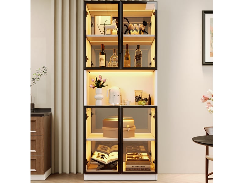  Vitrine 2 pièces 140 x 30 x 170 cm – blanche – portes en verre gris, led et fond miroir de rangement  - Conforama B