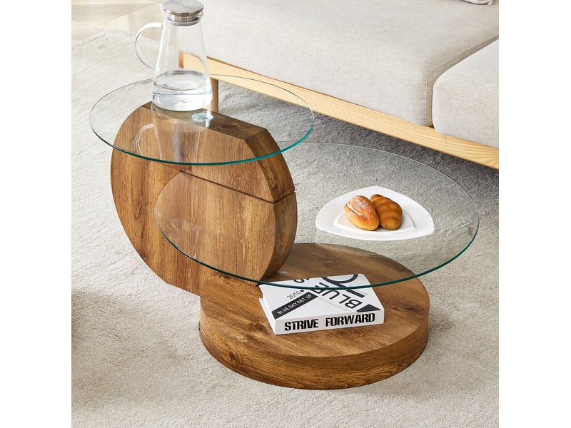  Table basse moderne en verre trempé 89,9x69,9x43,2 cm, design multi-niveaux, pour salon, mdf, transparent et naturel  - Conforama B