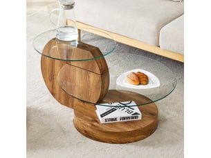 Table basse moderne en verre trempé 89,9x69,9x43,2 cm, design multi-niveaux, pour salon, mdf, transparent et naturel