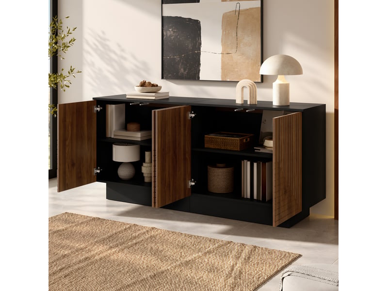  Buffet 4 portes 160x40x75 cm à façades striées, finition noyer  - Conforama D