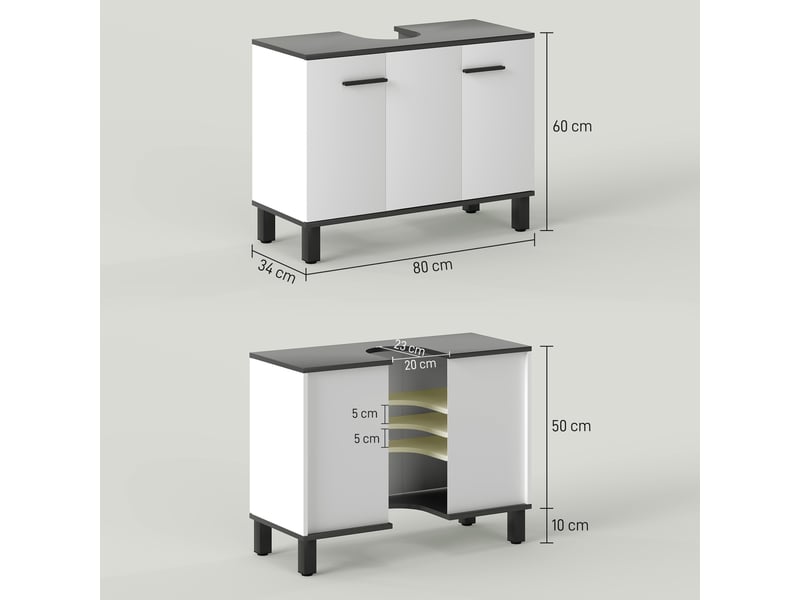  Meuble sous-évier à 2 portes et étagères réglables pour évier avec ou sans colonne, 80 x 34 x 60 cm, blanc  - Conforama E