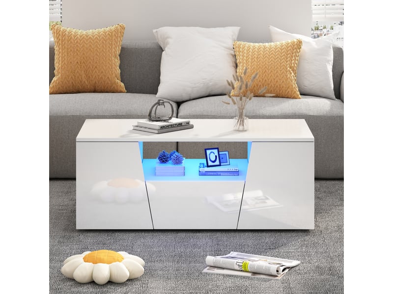 Table basse blanche brillante 100x50x40 cm, table de salon avec éclairage led, 2 placards et 1 tiroir, design asymétrique  - Conforama C