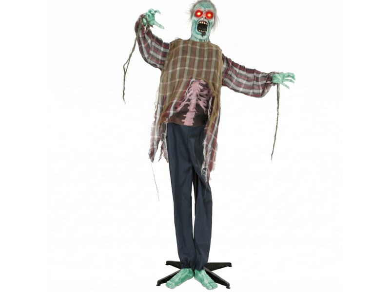 Zombie animé halloween 170 cm rouge, yeux led et activation sonore et tactile, décoration sur pied - Conforama A