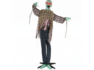 Zombie animé halloween 170 cm rouge, yeux led et activation sonore et tactile, décoration sur pied