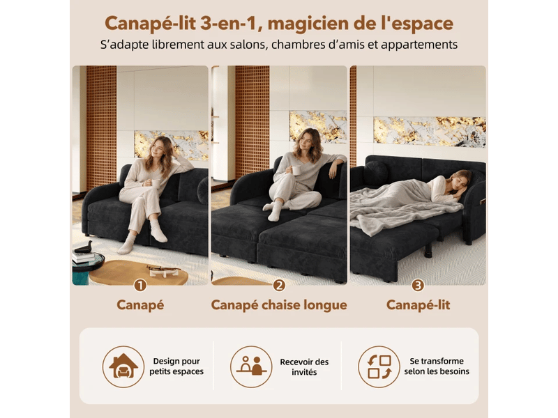  Canapé convertible 2 places noir en chenille avec couchage 154 x 200 cm Fay Lum - Conforama R