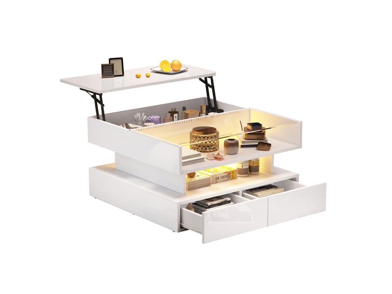  Table basse relevable carrée – led et rangements – verre trempé – blanche – 80 x 80 x 45 cm  - Conforama A