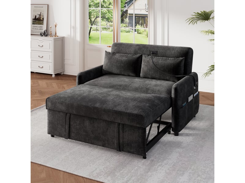 Canapé convertible 2 places avec fonction lit, dossier réglable, porte-téléphone, usb, poches latérales et 2 coussins, canapé multifonction en chenille - gris - Conforama C