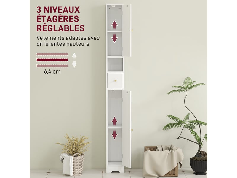 Meuble colonne salle de bain, meuble de rangement, 2 portes, tiroir, compartiment ouvert, blanc, étagère réglable - Conforama E