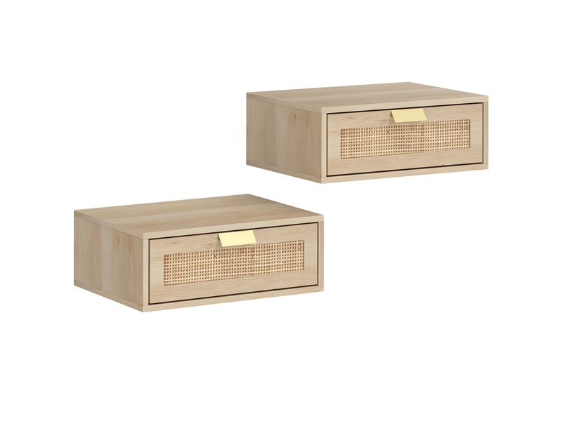 Lot de 2 tables de chevet murales, tables de nuit suspendues avec tiroir en effet rotin, 40 x 30 x 15 cm, chêne  - Conforama B
