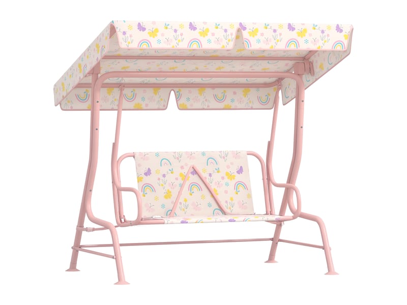 Balançoire de jardin extérieure pour enfants de 3 ans et plus, avec auvent réglable et harnais de sécurité, 112 x 75 x 120 cm, rose - Conforama A