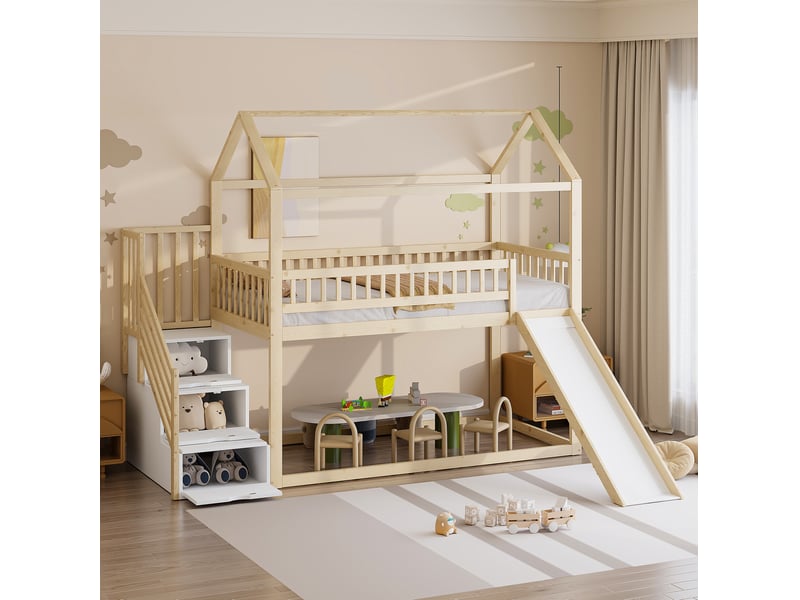  Lit mezzanine enfant 90x200 cm – bois naturel – toboggan, escalier de rangement et sommier à lattes - sans matelas  - Conforama E