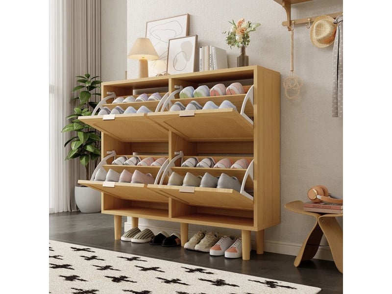  Armoire à chaussures - 4 tiroirs - rotin - chêne clair - meuble à chaussures entrée pour les petits espaces 100x25x90cm - Conforama C
