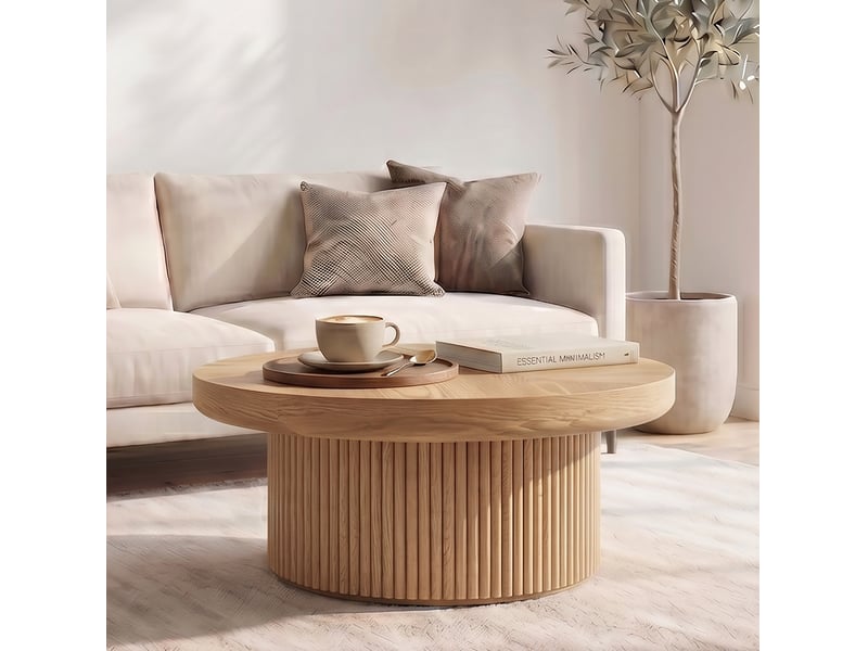  Table basse ronde à plateau épais 8cm en bois et mdf, coloris naturel  - Conforama C