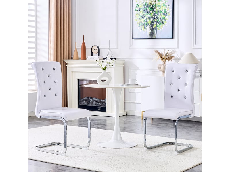  Chaise de salle à manger lot de 2 avec dossier ergonomique et boutons en cristal en pvc blanc et métal chromé  - Conforama E