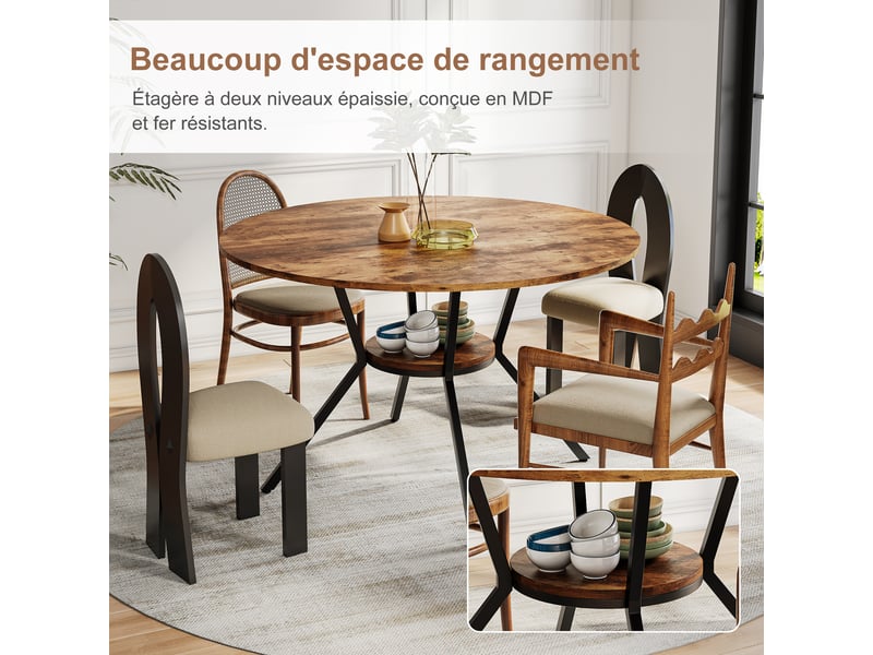  Table à manger ronde pour 6 personnes, table de cuisine style industriel avec plateau aspect bois et pied en métal 120 cm  - Conforama D