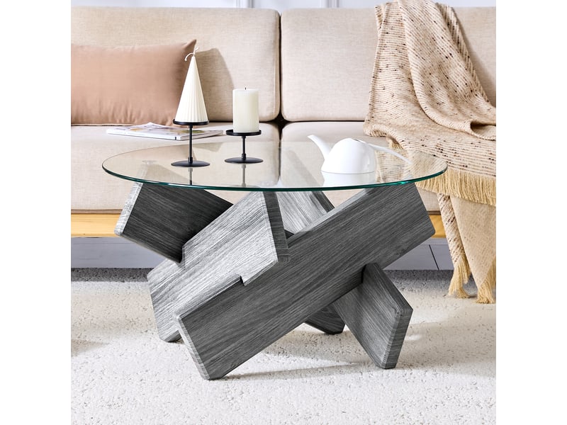  Table basse ronde mdf et verre, design moderne avec pieds croisés effet gris, diamètre 79 cm, verre trempé 0,8 cm  - Conforama E