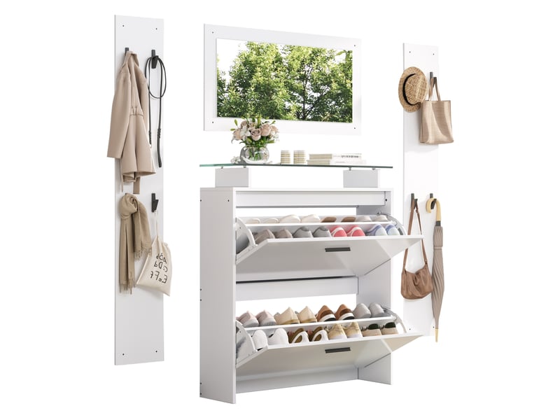  Meuble d'entrée avec miroir et 8 crochets, meuble à chaussures 4 niveaux pour couloir, blanc, 89,5 × 23 × 96,5 cm  - Conforama A